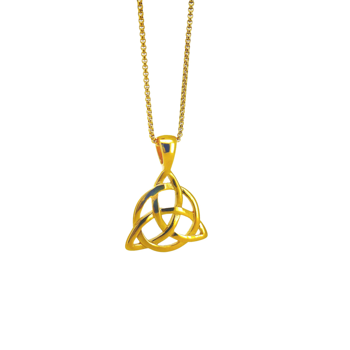 Gold pendant necklace featuring a Celtic trinity knot design.