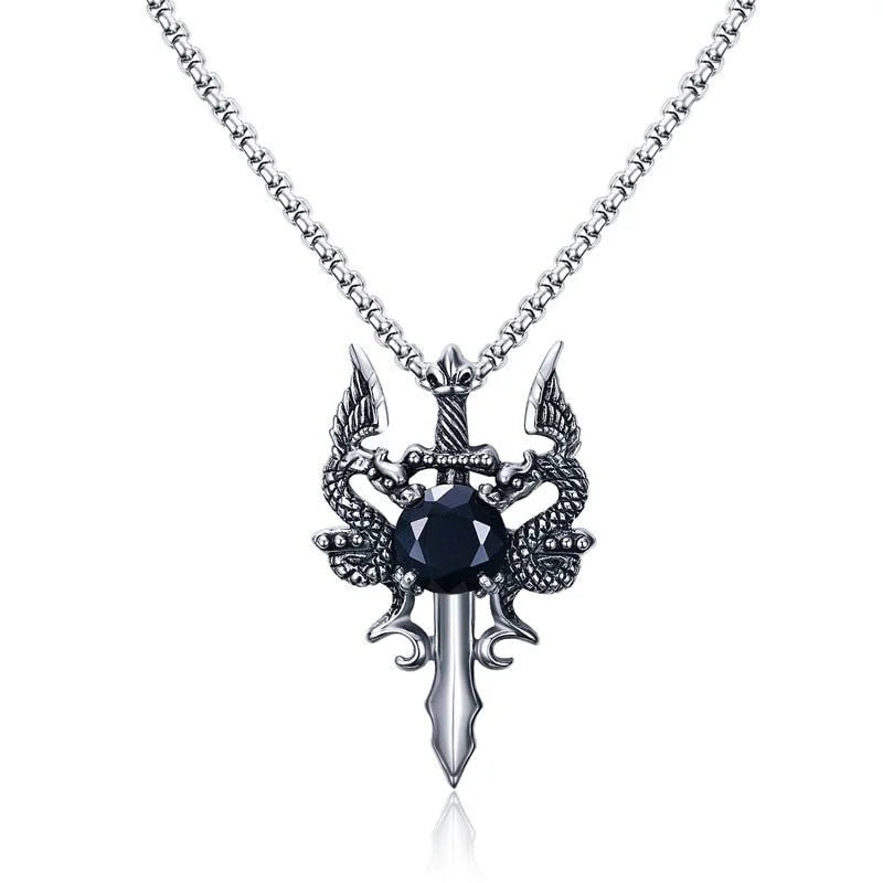 Ornate silver pendant necklace featuring a sword design with dragon or serpent motifs and a dark gemstone.