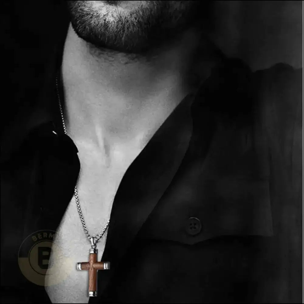 Eligio Stainless Steel Chain Necklace with Rosewood Crucifix - BERML BY DESIGN JEWELRY FOR MEN