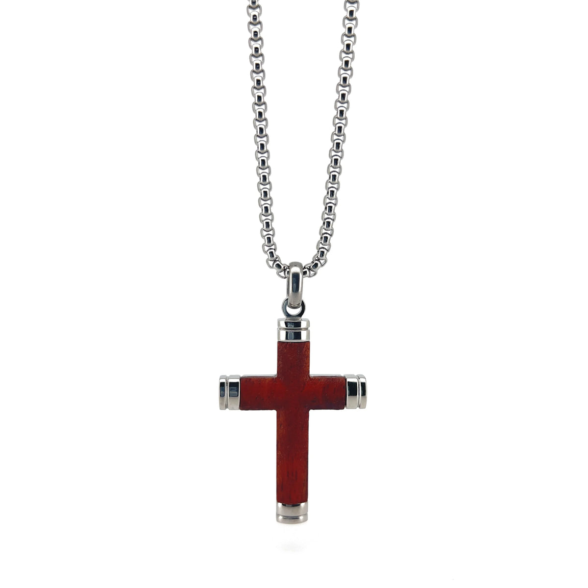 Red cross pendant necklace with a silver chain.