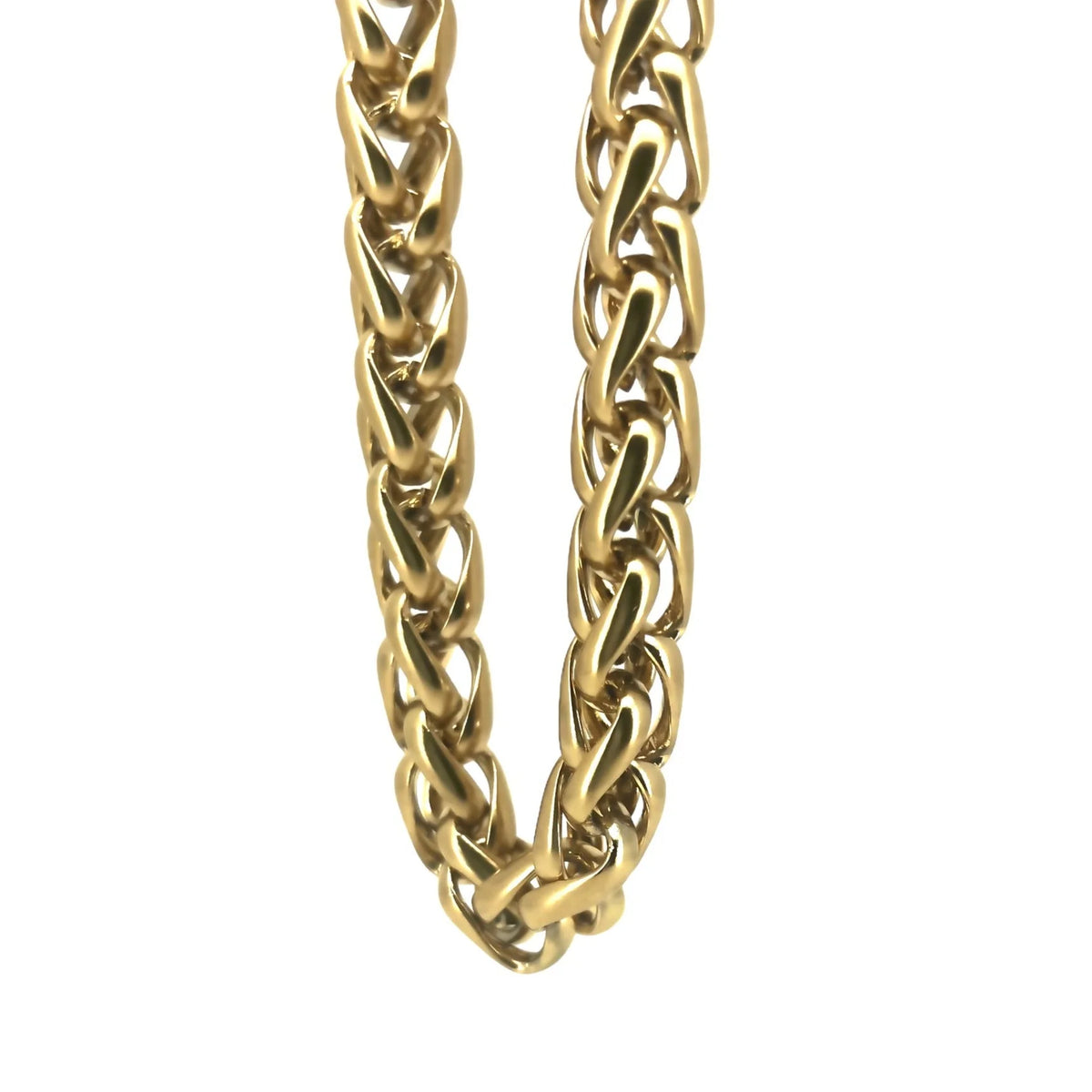 Gold chain necklace with interlocking links.