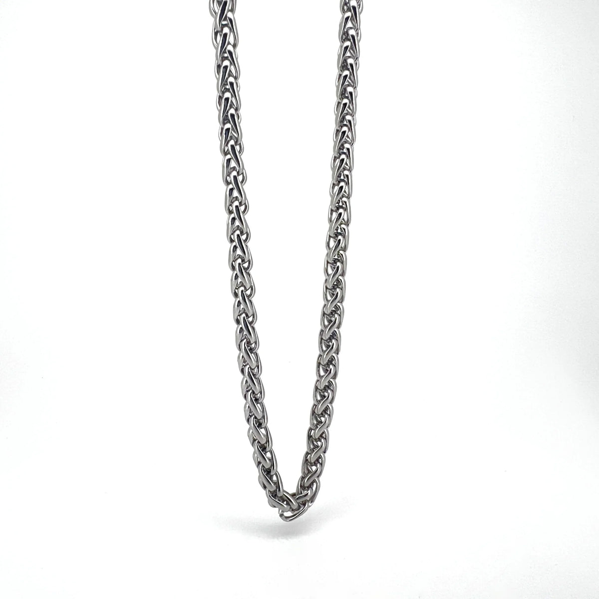 Silver braided chain necklace with an intricate woven pattern.