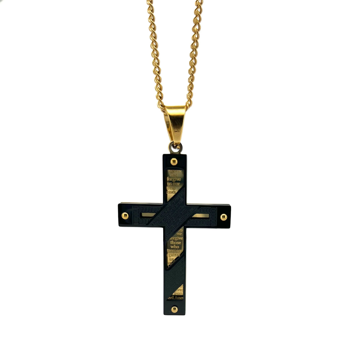 Gold and black cross pendant necklace with inscribed text visible through cutouts.