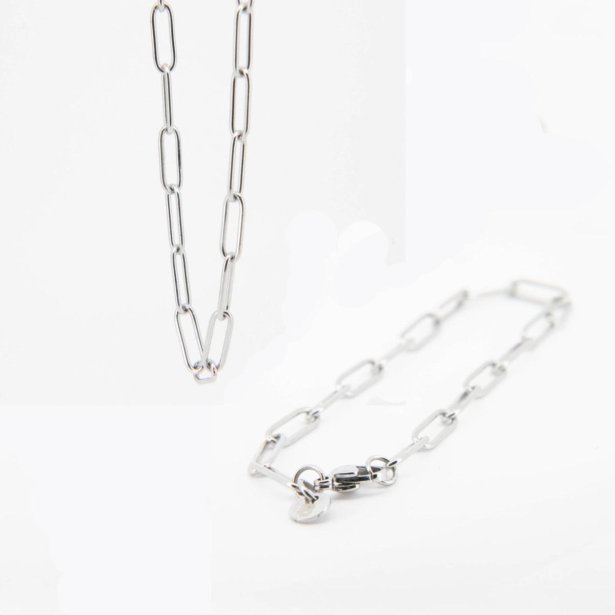 Silver chain necklace with elongated oval links.