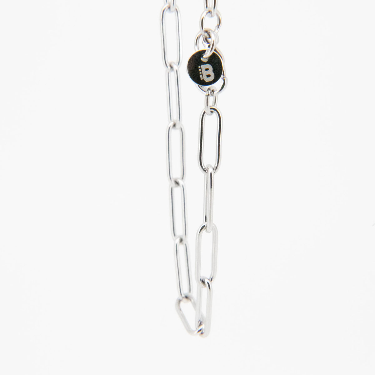 Silver chain necklace with elongated oval links.