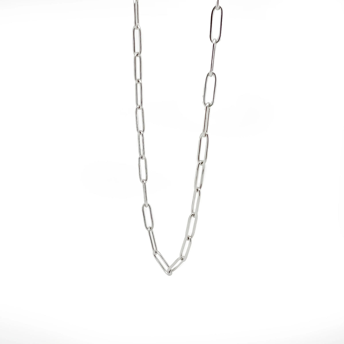 Silver chain necklace with elongated oval links.