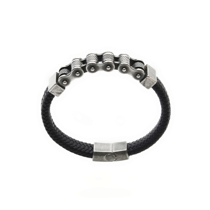 Leather bracelet with a metal chain-link design on top.