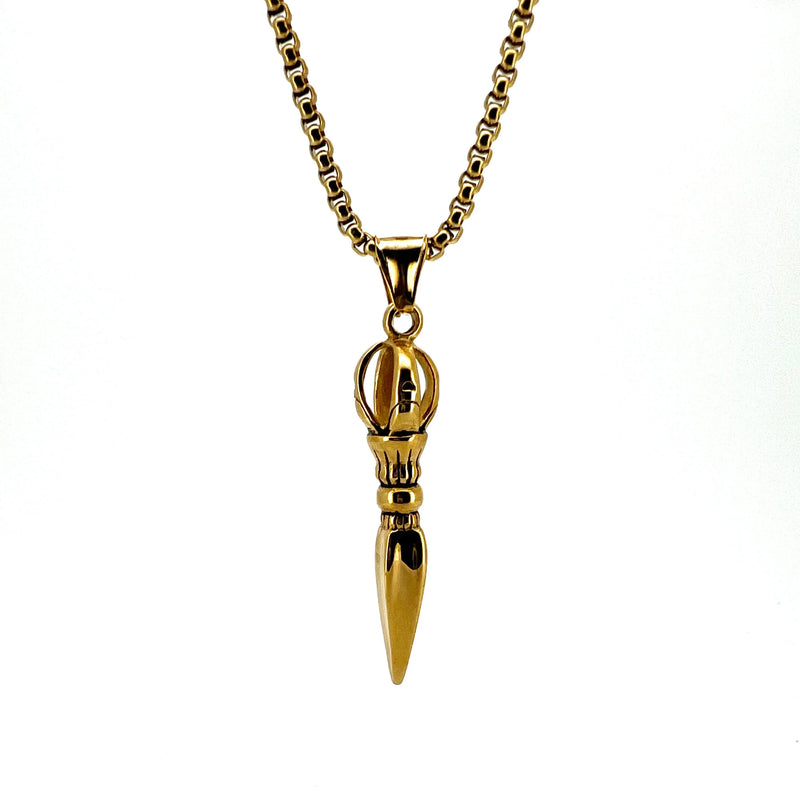 Gold pendant necklace featuring a stylized bullet or missile-shaped charm.