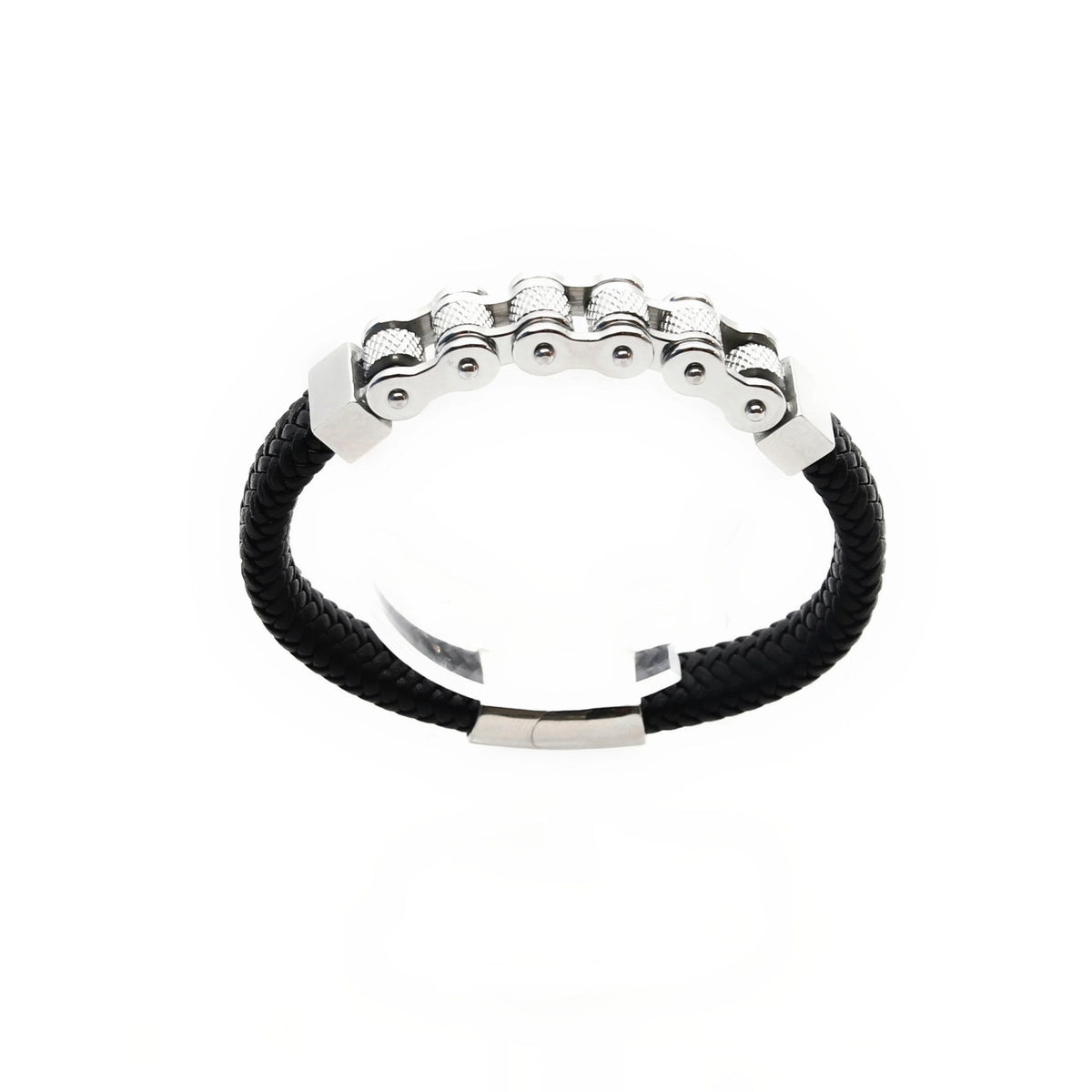 Bracelet with a silver bike chain-like centerpiece on a black leather band.