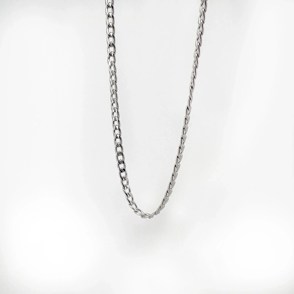 Silver chain necklace with interlocking links.