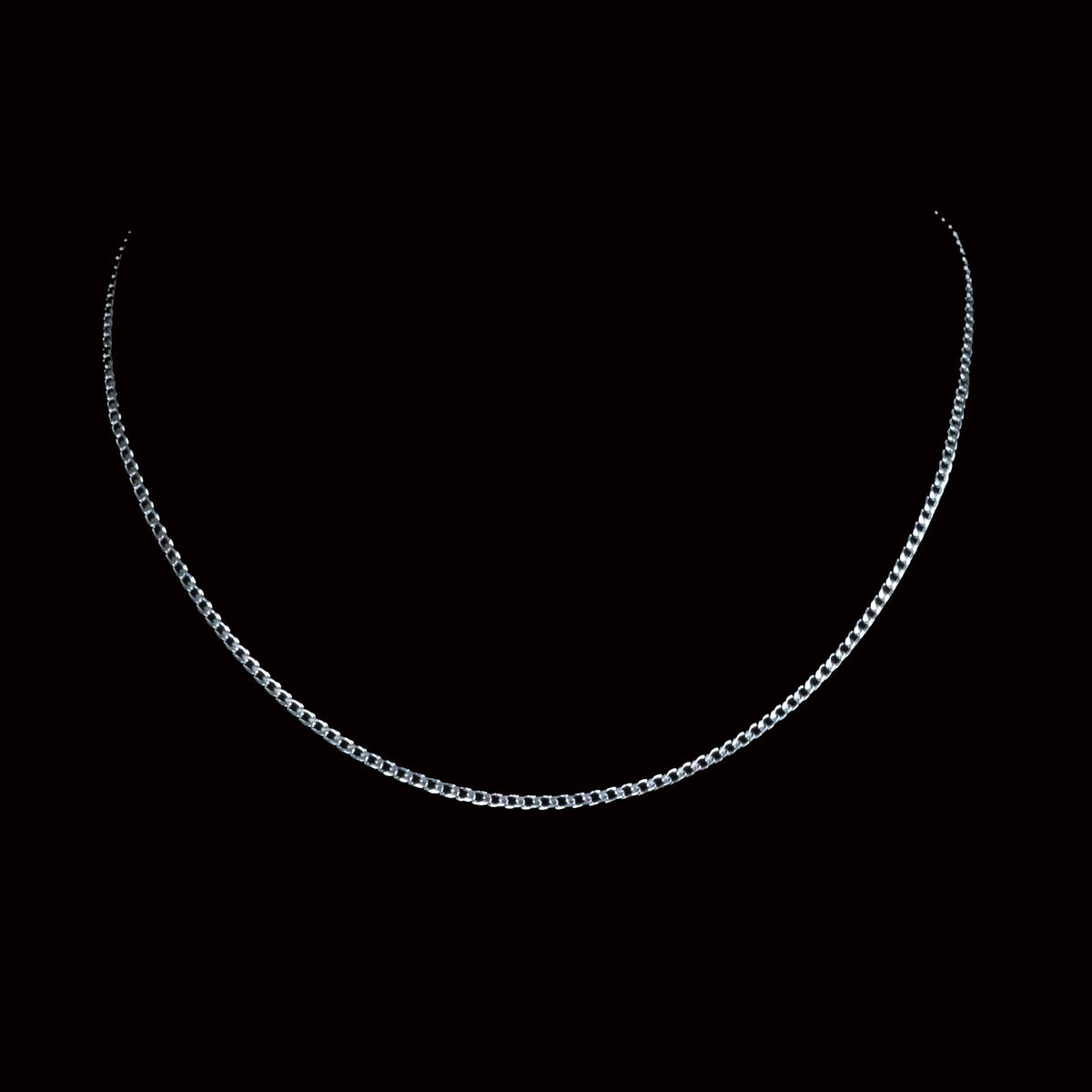 Silver chain necklace with small, interlocking links.