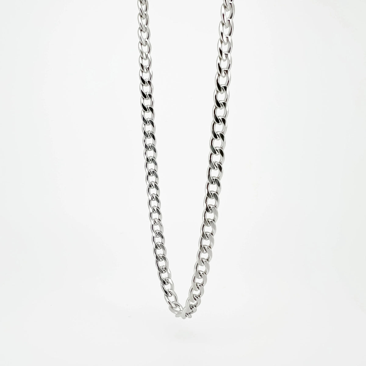 Silver chain necklace with interlocking links.