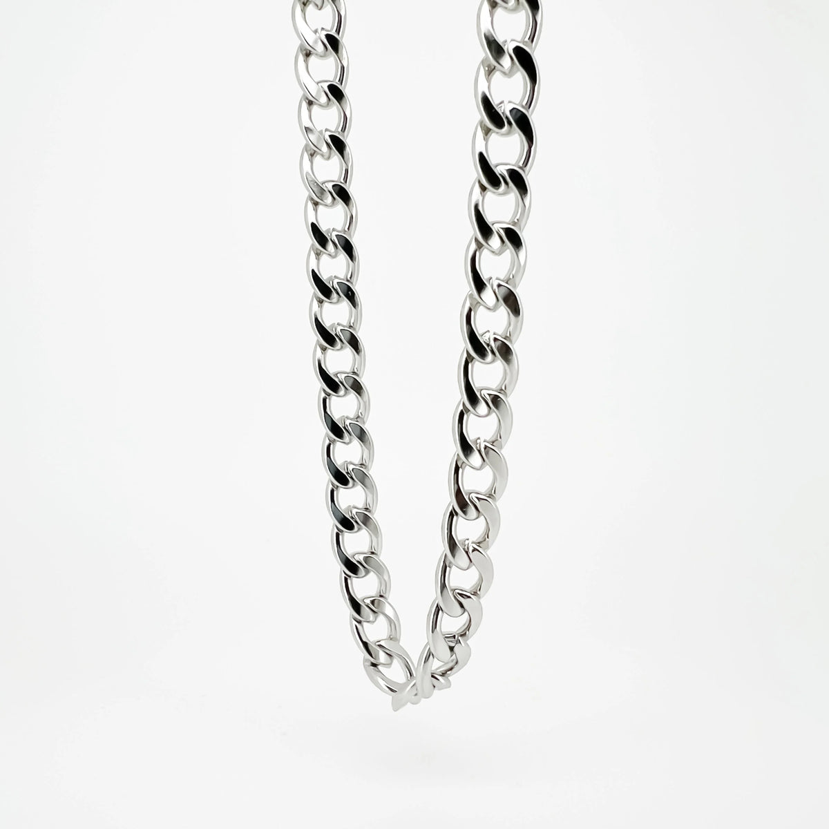 Silver chain necklace with interlocking links.