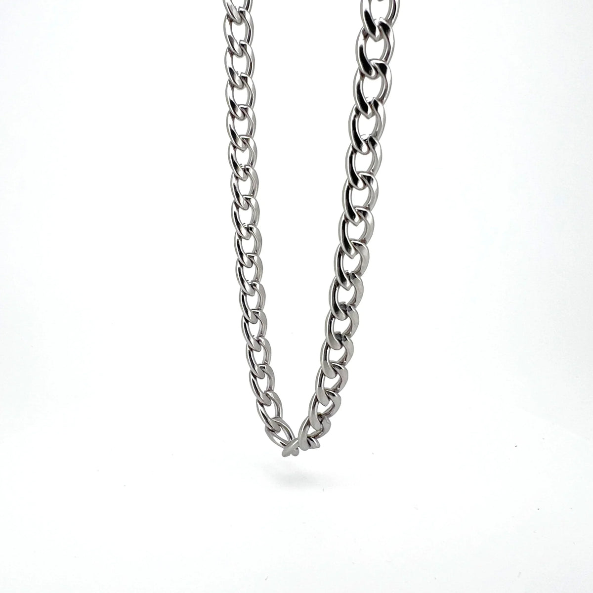 Silver metal chain necklace with interlocking links.