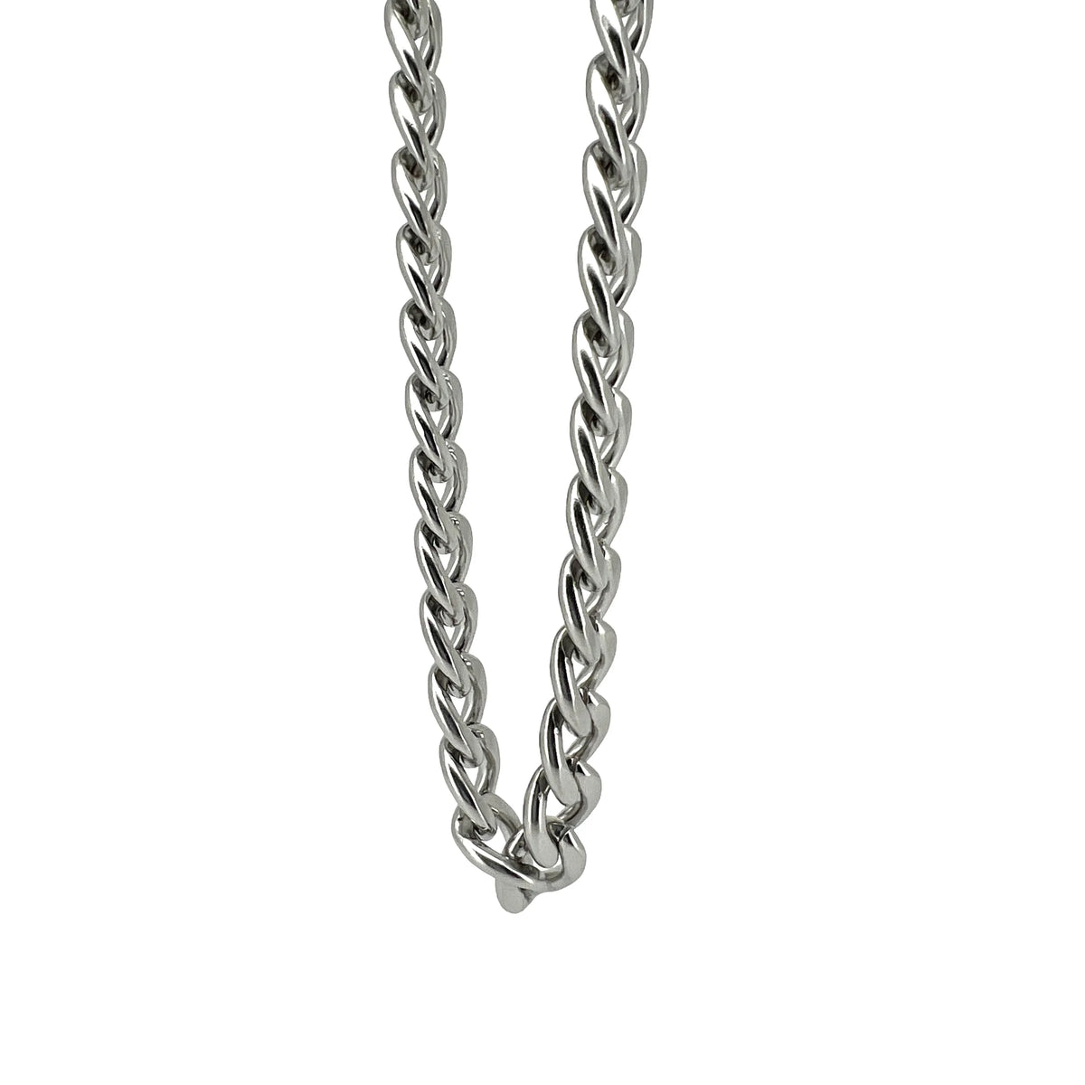 Silver twisted chain necklace or bracelet with interlocking links.