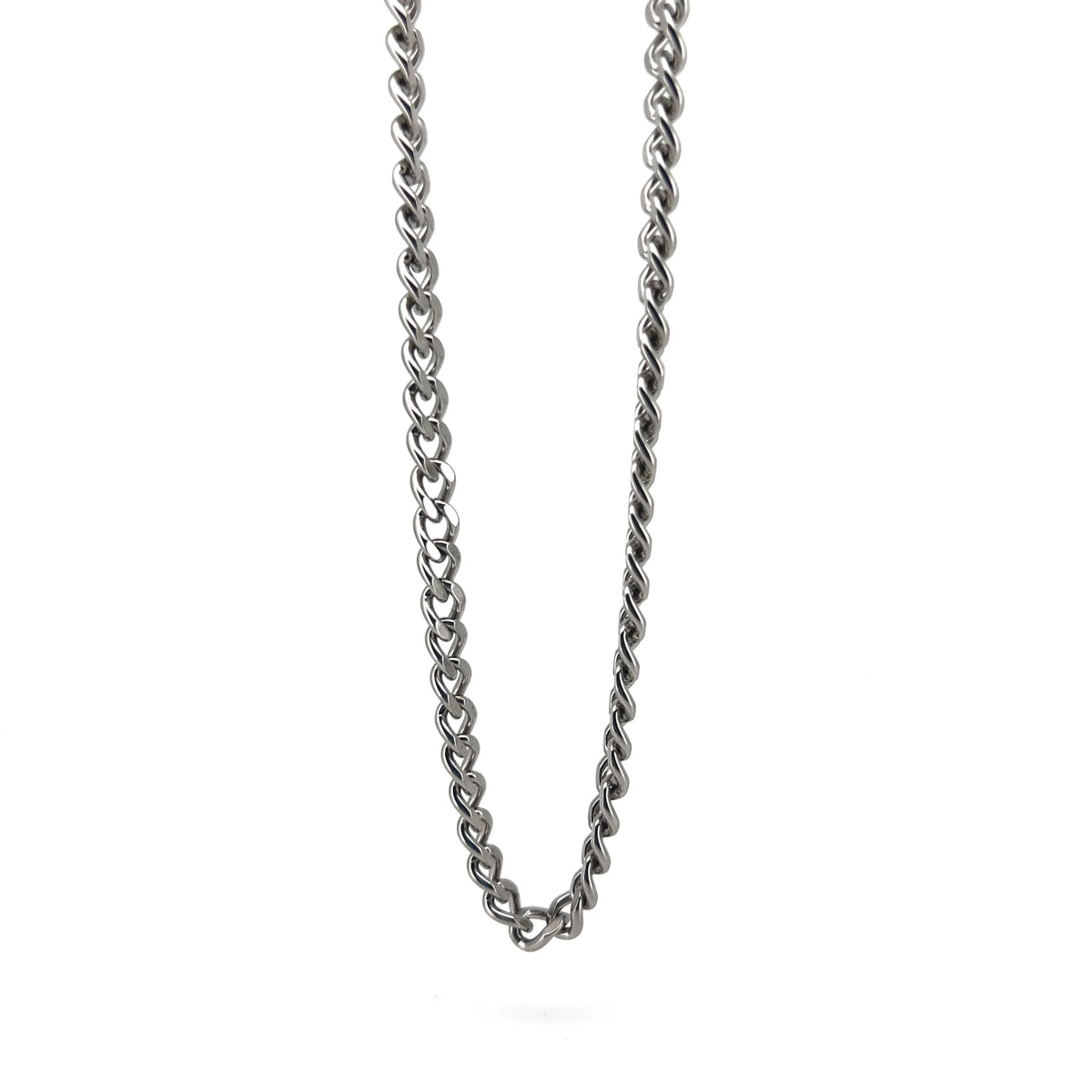 Silver twisted chain necklace with interlocking links.