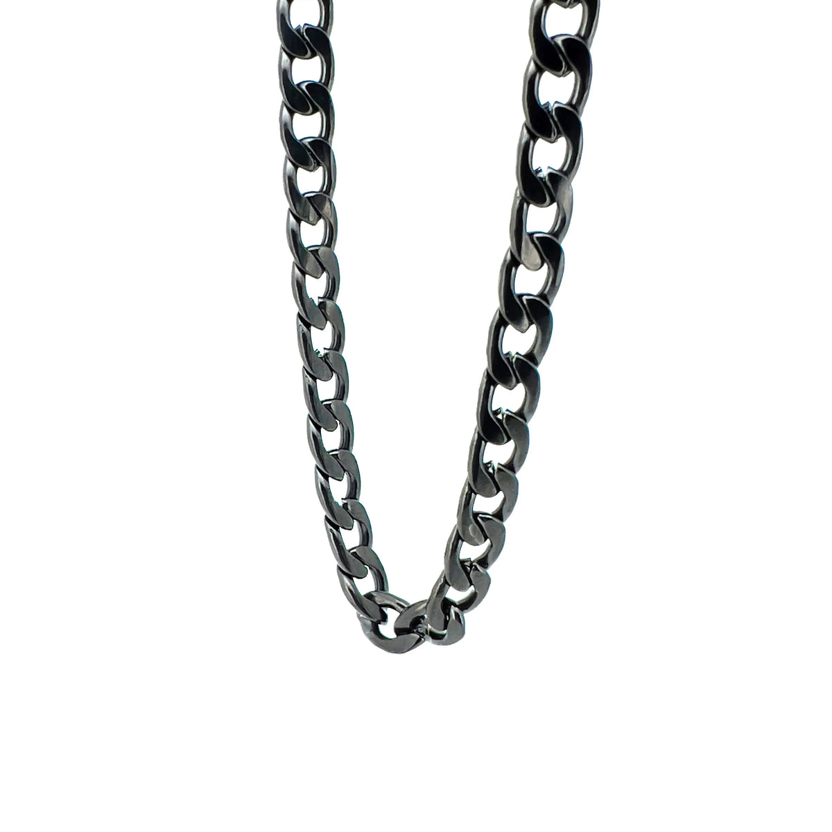 Metallic chain necklace with dark gunmetal finish.