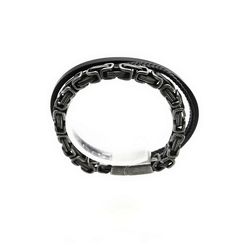 Men’s bracelet with interlocking metal links and a leather band.