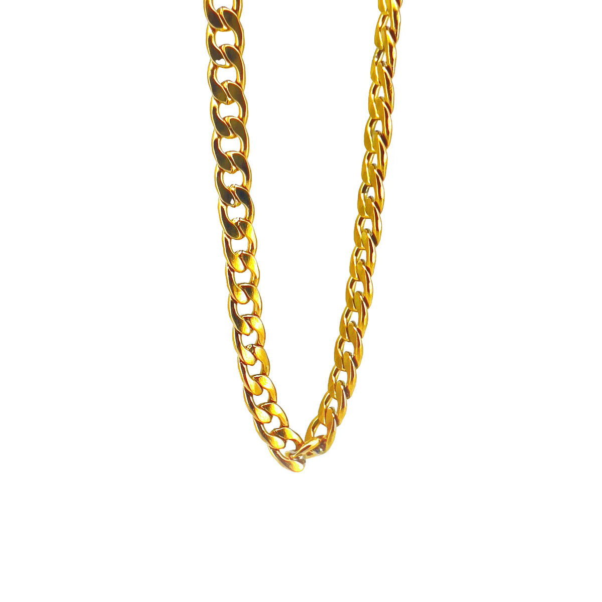 Gold chain necklace with interlocking links.