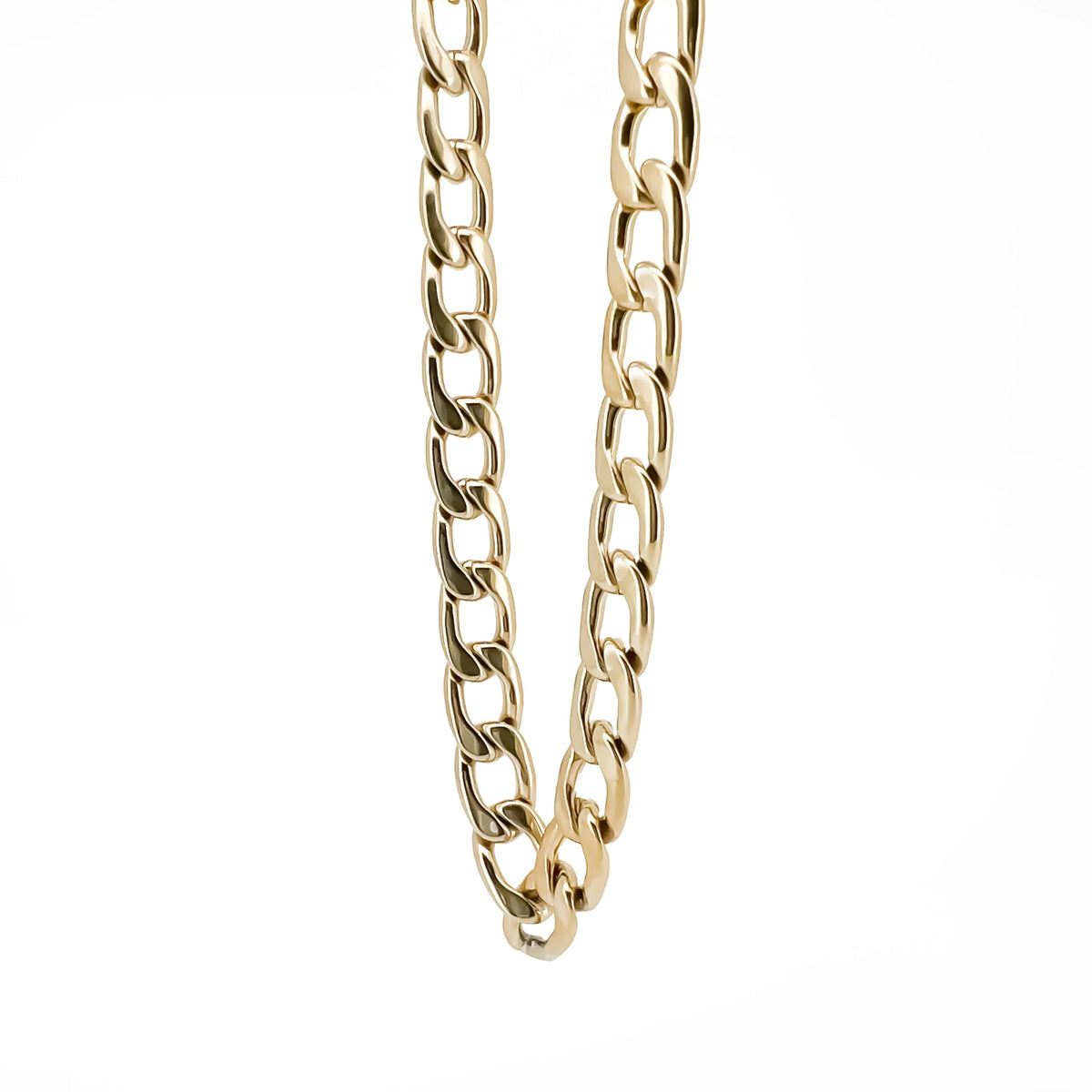 Gold chain necklace with interlocking oval links.