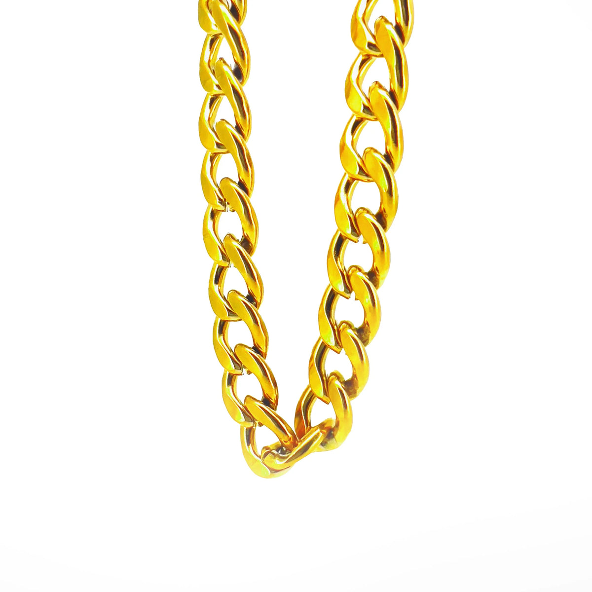 Gold chain necklace with interlocking links.