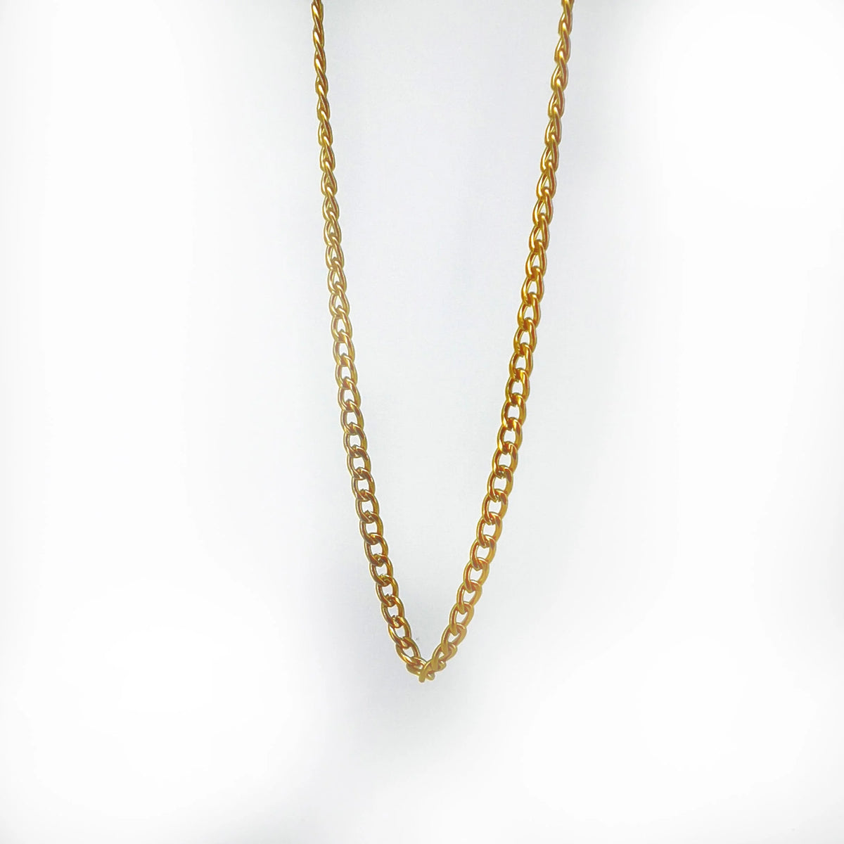 Gold chain necklace with interlocking links.