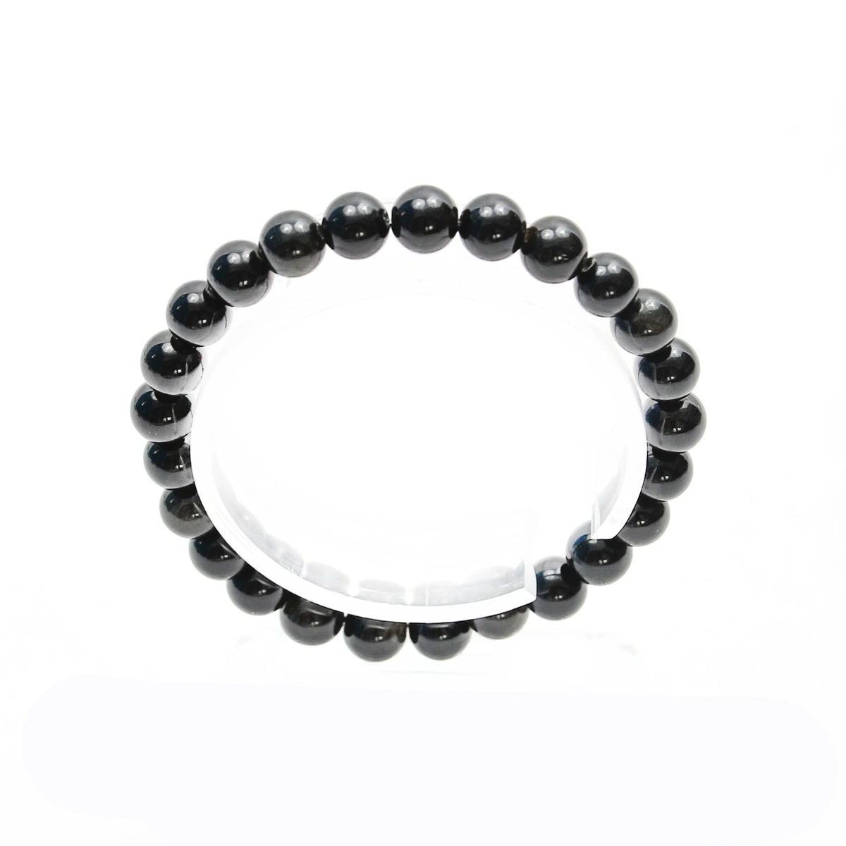 Black beaded bracelet with round, glossy stones.