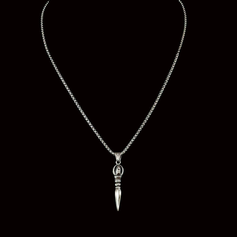 Silver necklace with a dagger-shaped pendant.