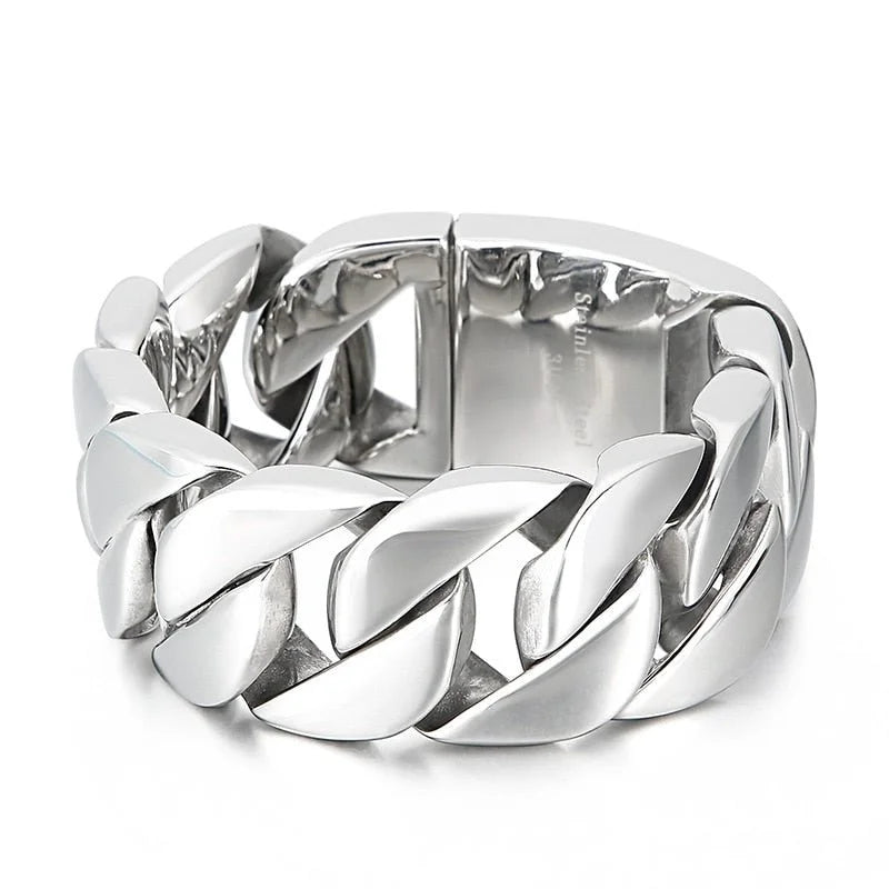 Silver chunky chain-link bracelet with wide, curved links.