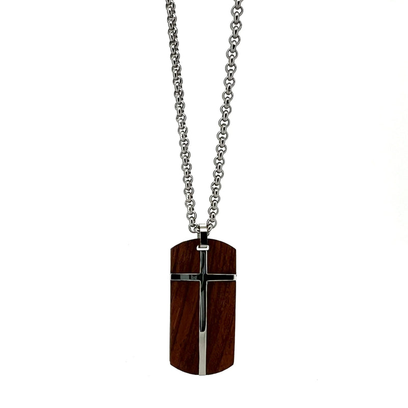 Wooden pendant necklace with a metal cross inlay on a silver chain.