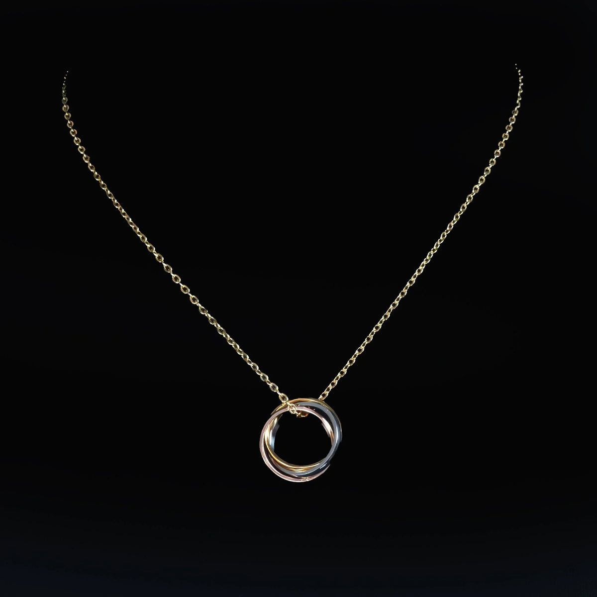 Delicate silver chain necklace with interlocking circular pendant.