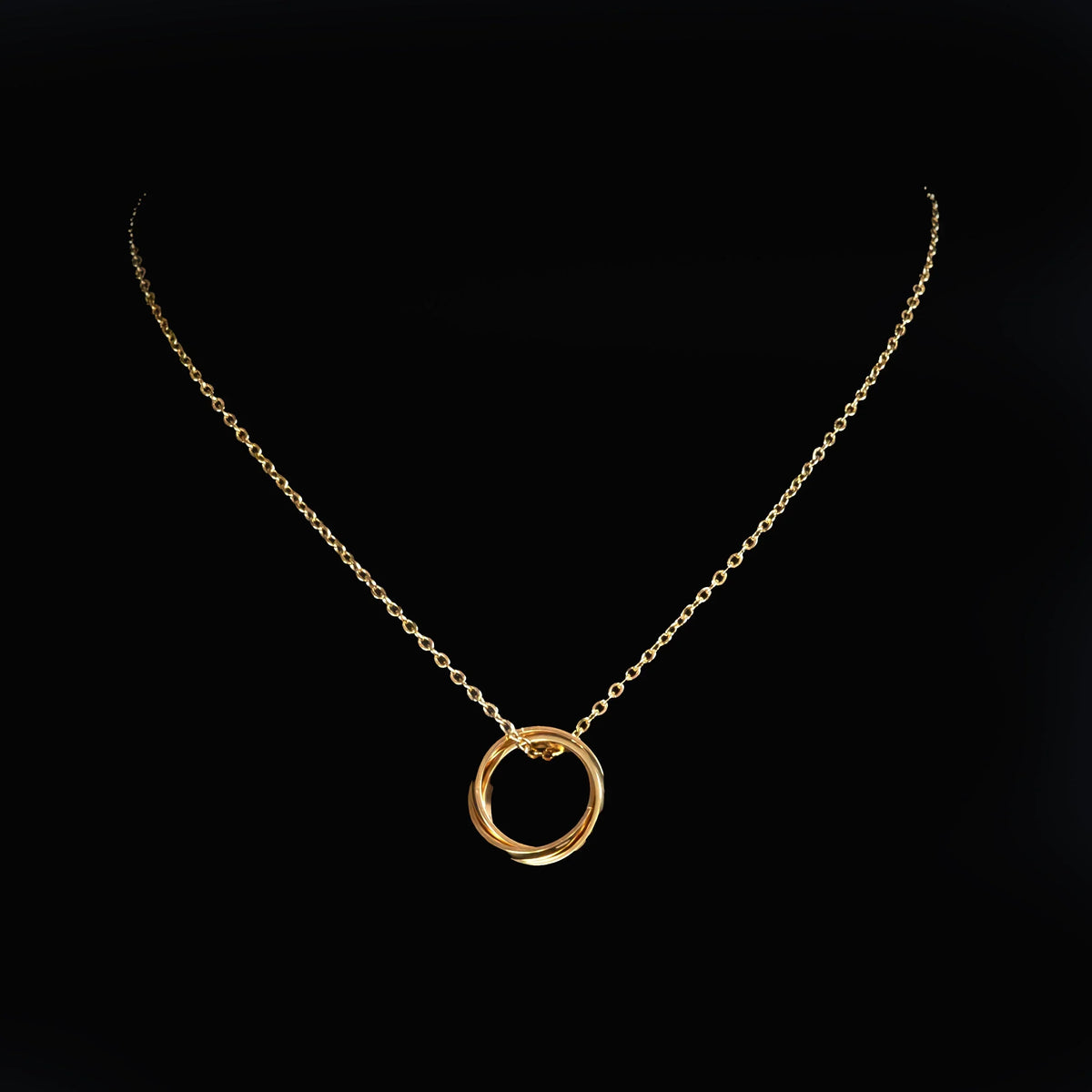 Gold circle pendant on a delicate chain necklace.