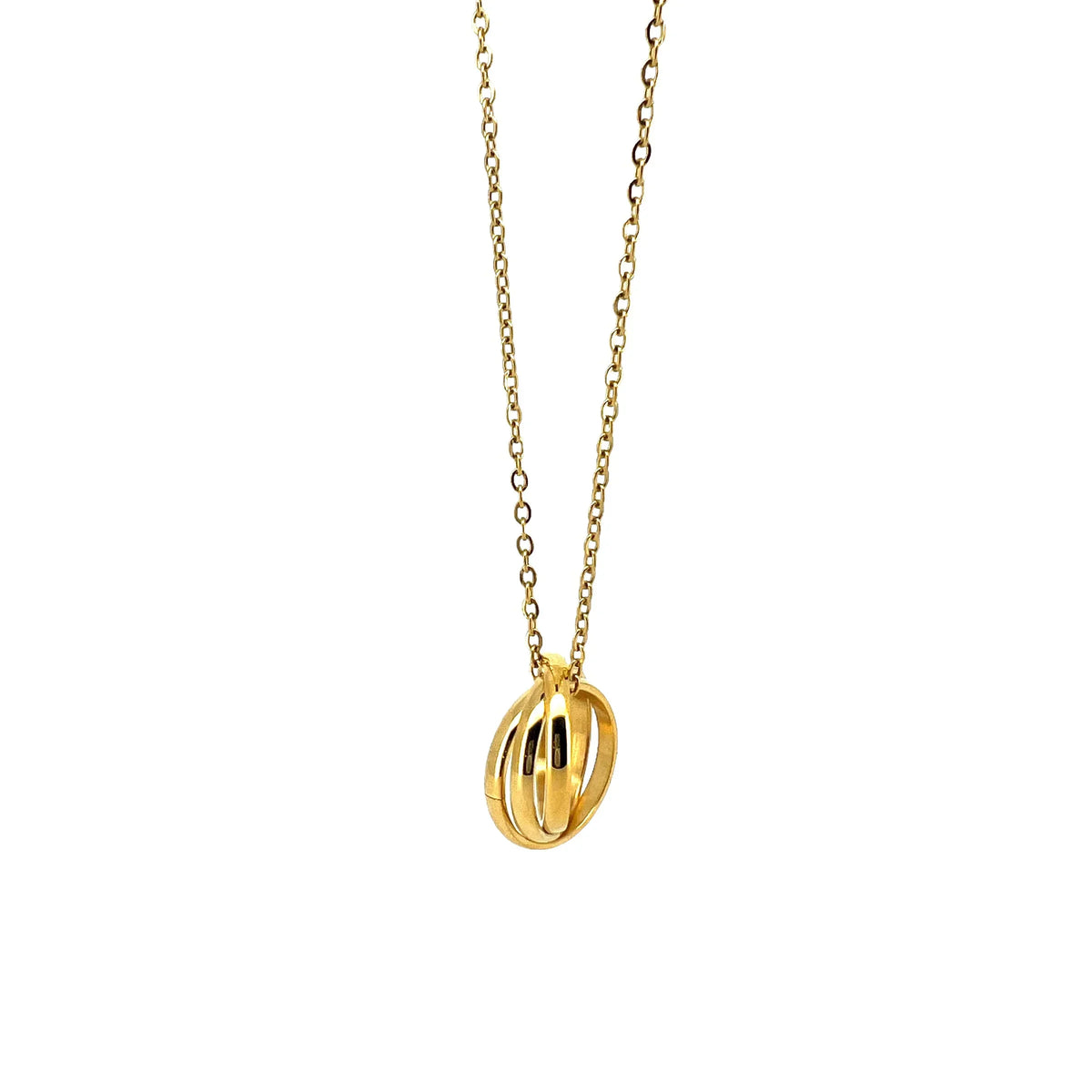 Gold-toned pendant necklace with an oval cage-like design on a delicate chain.