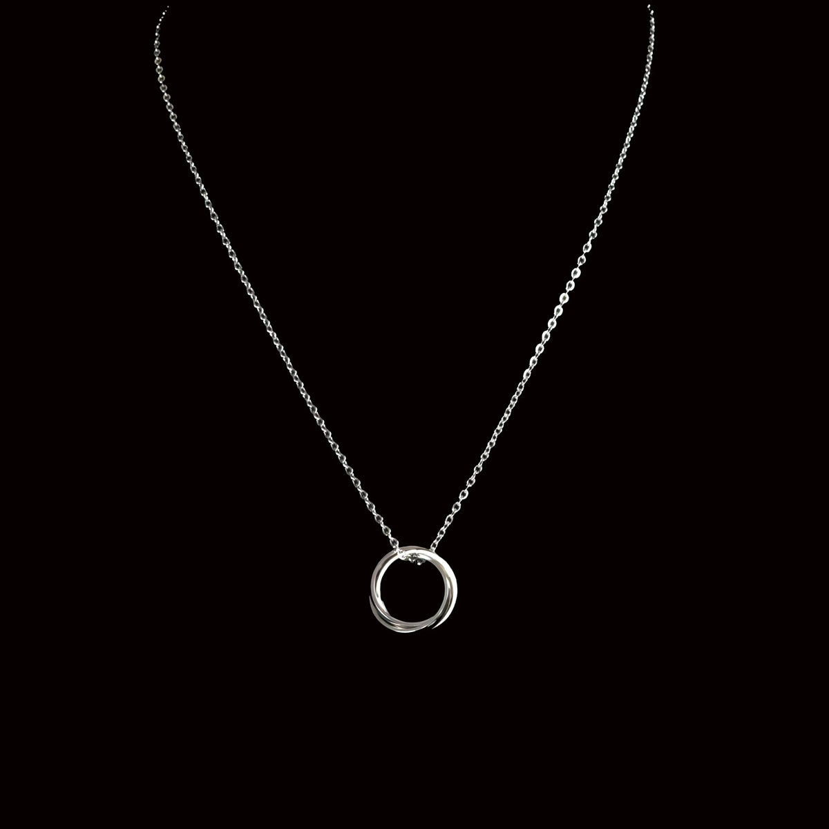 Silver circle pendant on a delicate chain necklace.