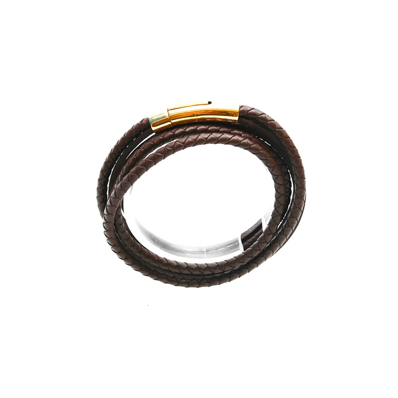 Brown leather bracelet with a gold-colored metal clasp.