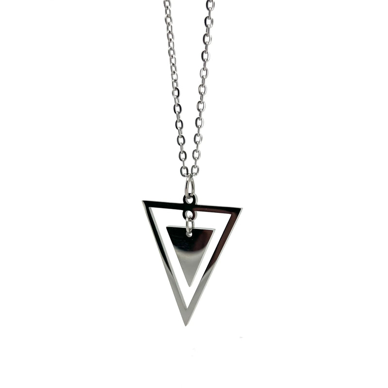 Silver triangular pendant necklace with nested triangles.