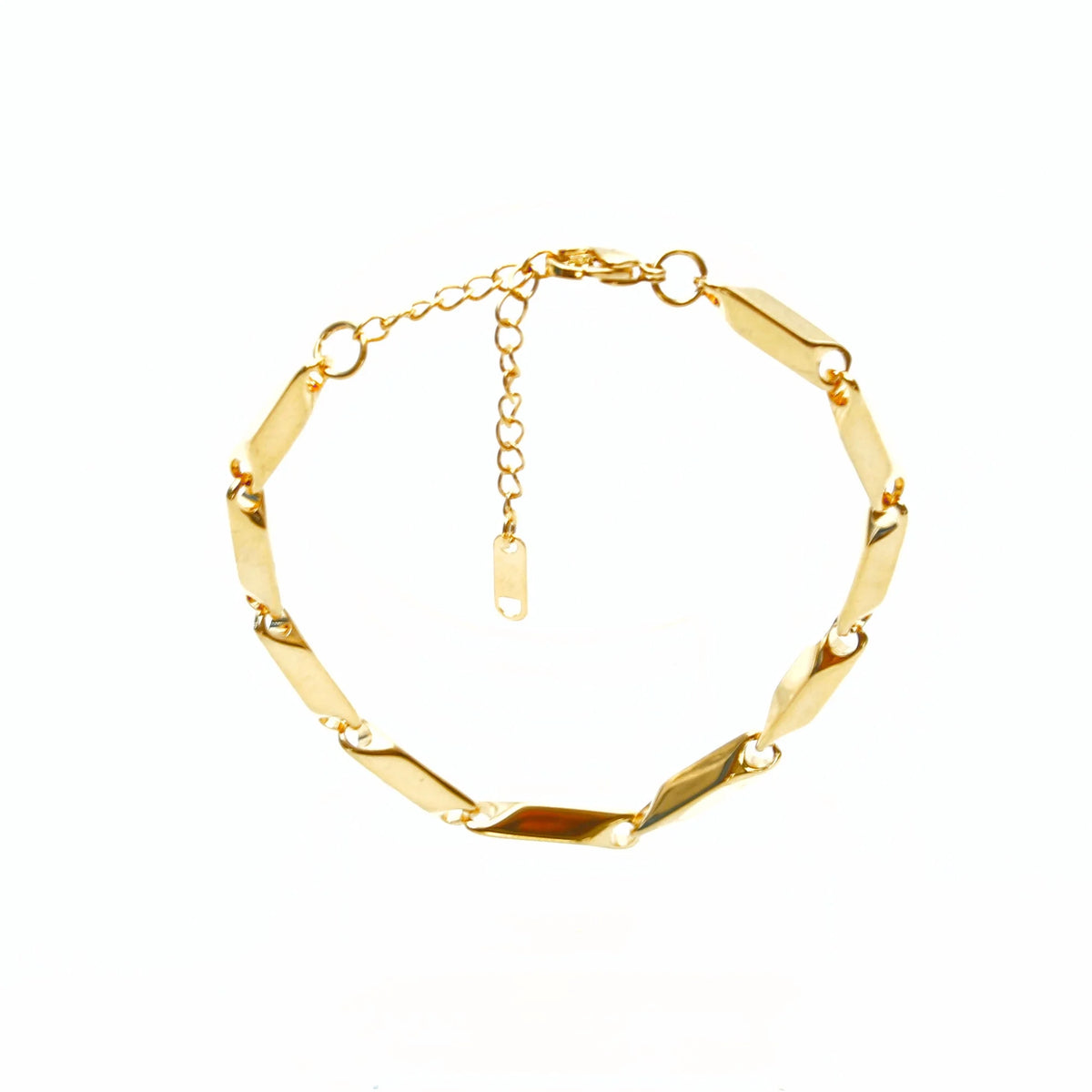 Gold-toned bracelet with elongated geometric links connected by small rings.