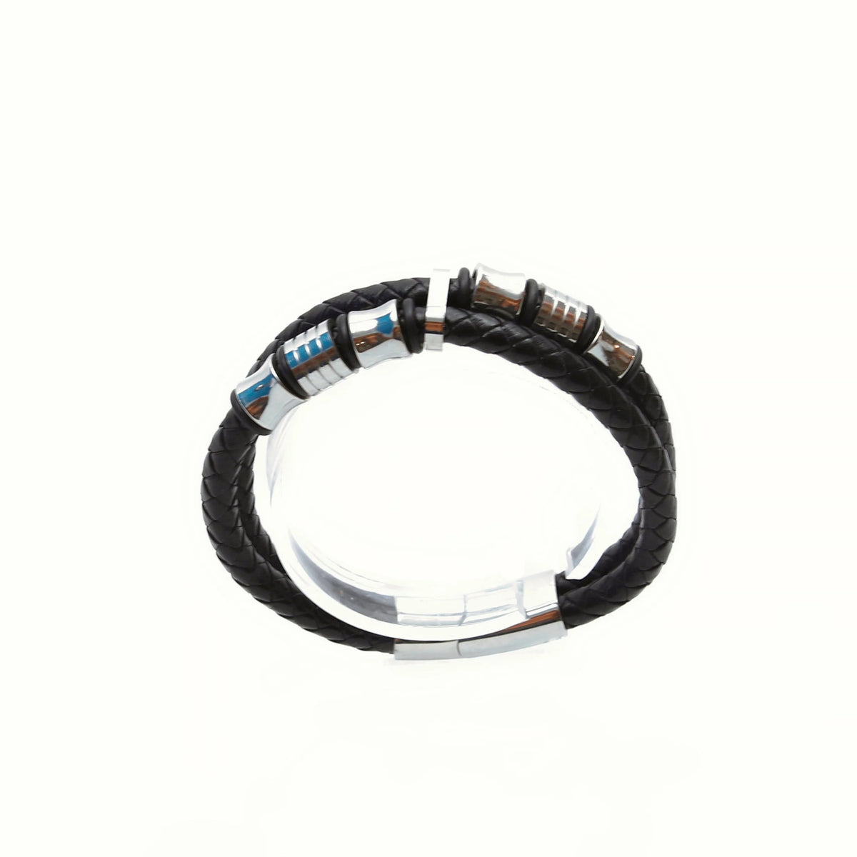 Black leather bracelet with silver and blue metallic beads.