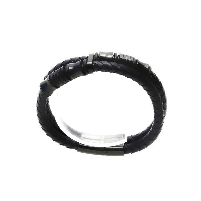 Black leather bracelet with silver metal accents.