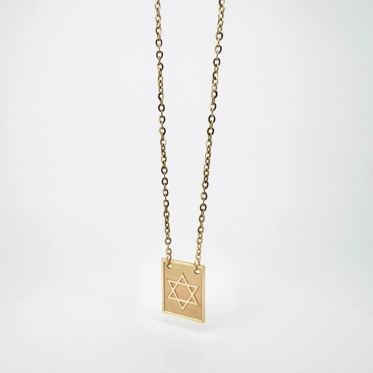 Gold pendant necklace featuring a Star of David design on a delicate chain.