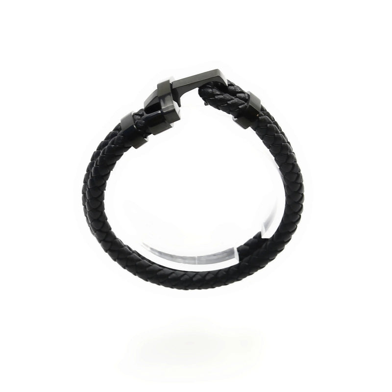 Black braided leather bracelet with a metal clasp.