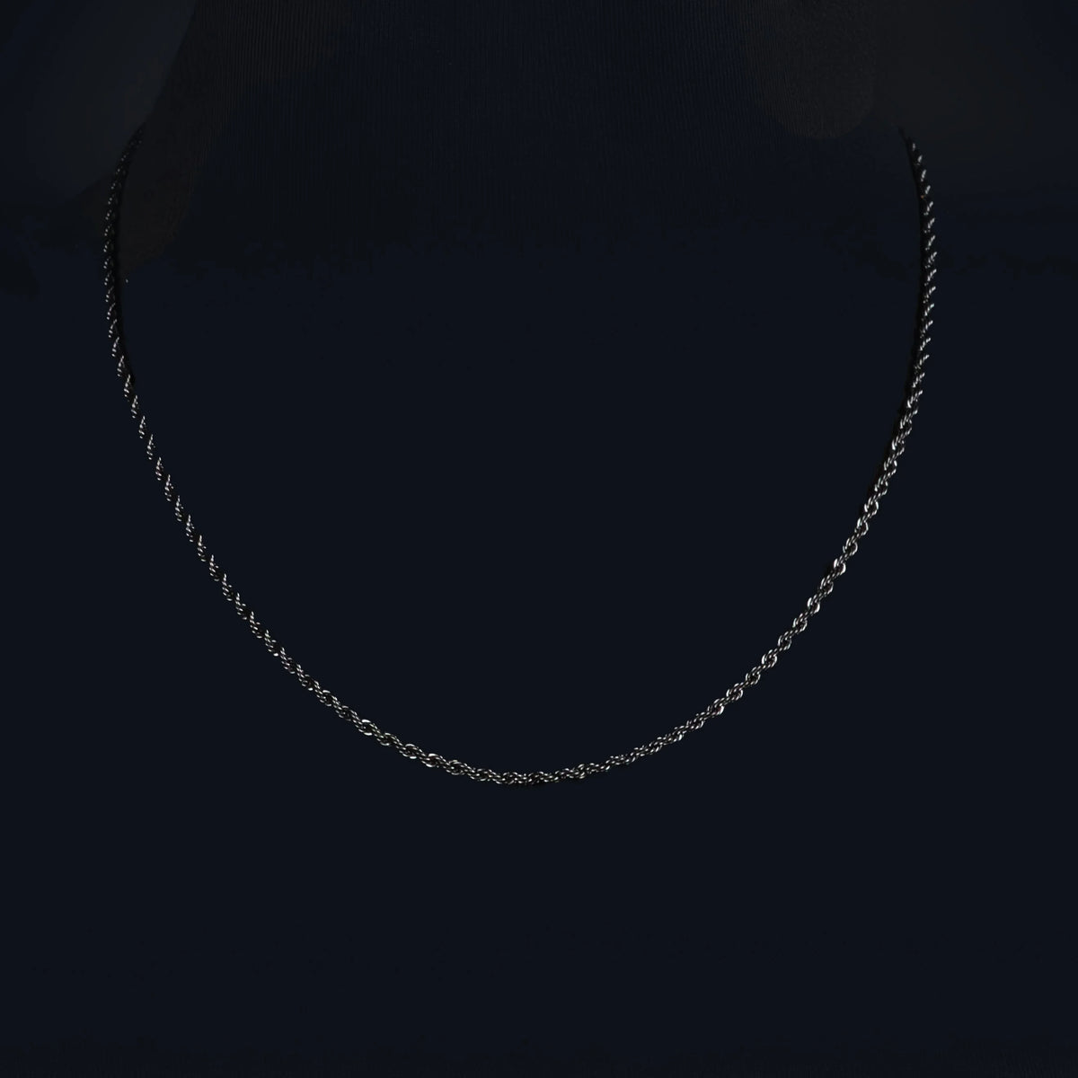 Delicate silver chain necklace against a dark background.