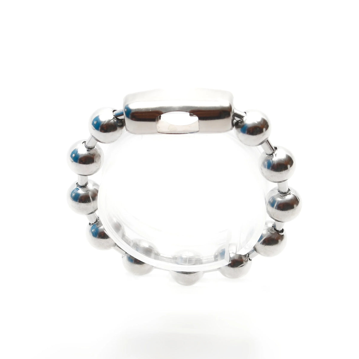 Silver beaded bracelet with a rectangular clasp.