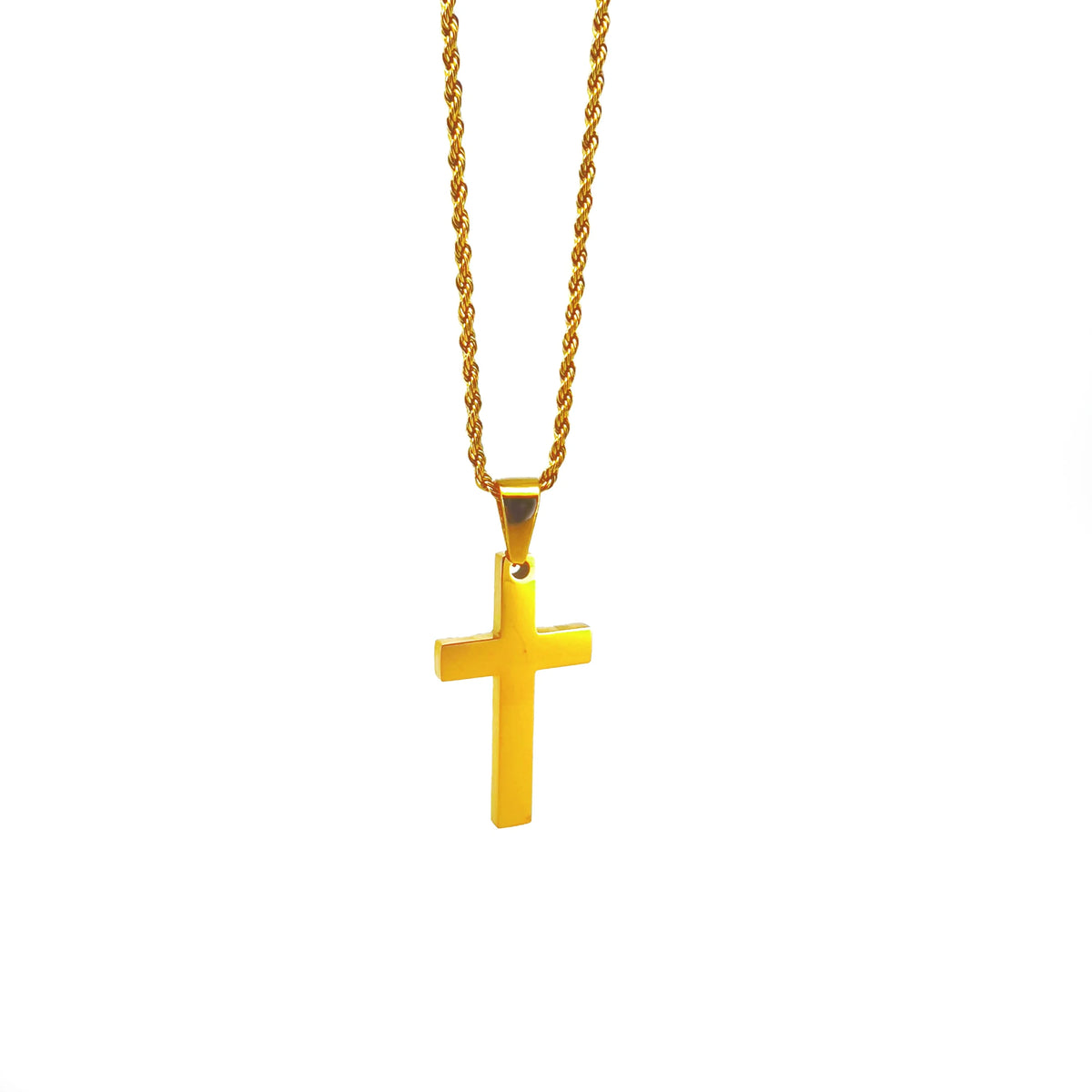 Gold cross pendant on a twisted chain necklace.