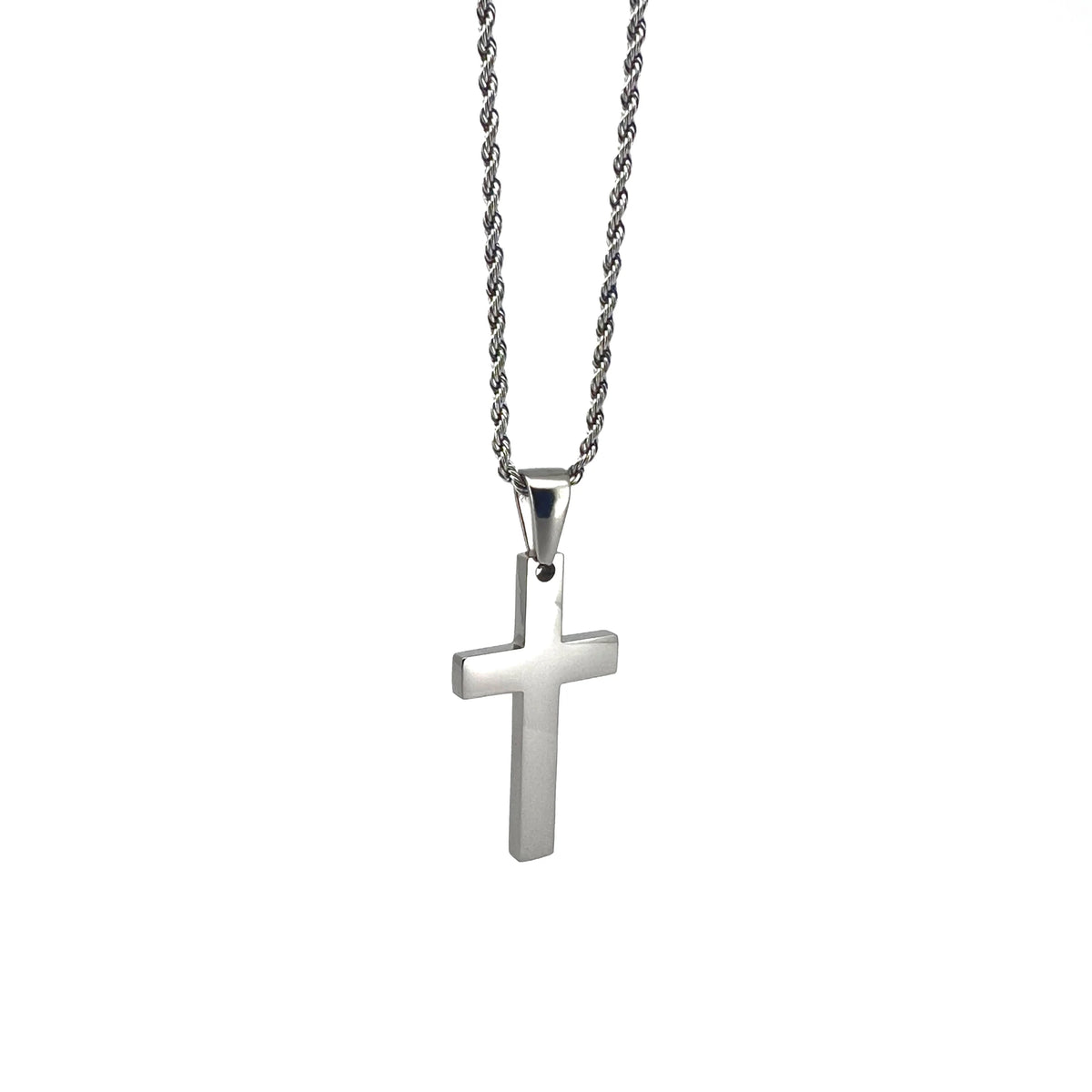 Silver cross pendant on a twisted chain necklace.