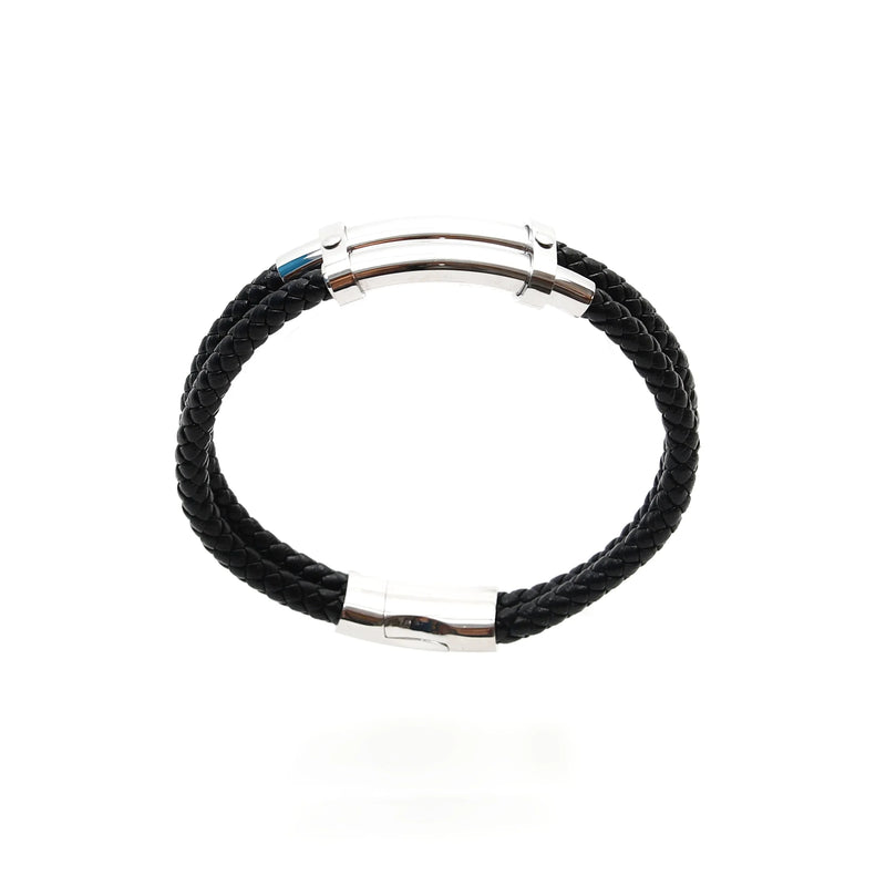 Black leather bracelet with silver metal accents.