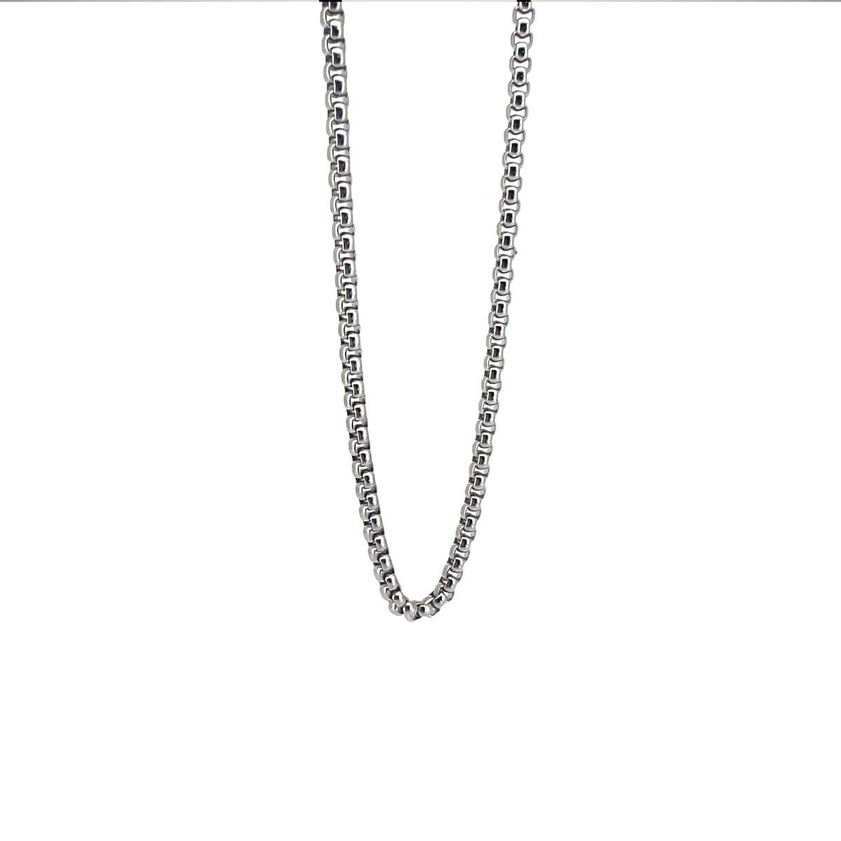 Silver chain necklace with a box-link pattern.