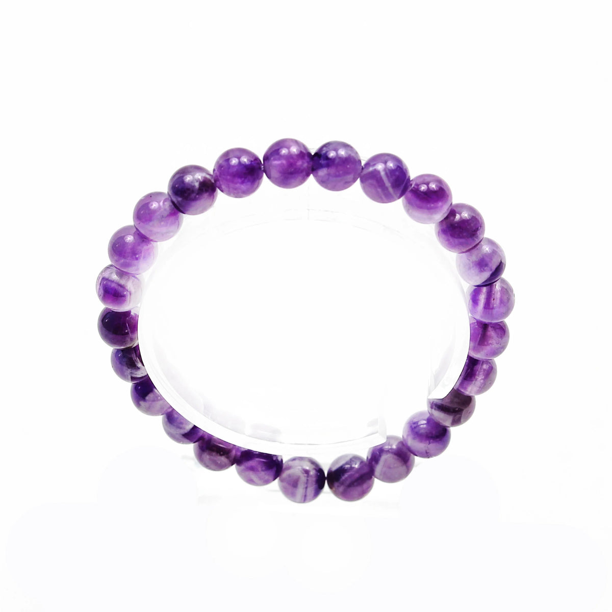 Purple amethyst bead bracelet with spherical gemstones.