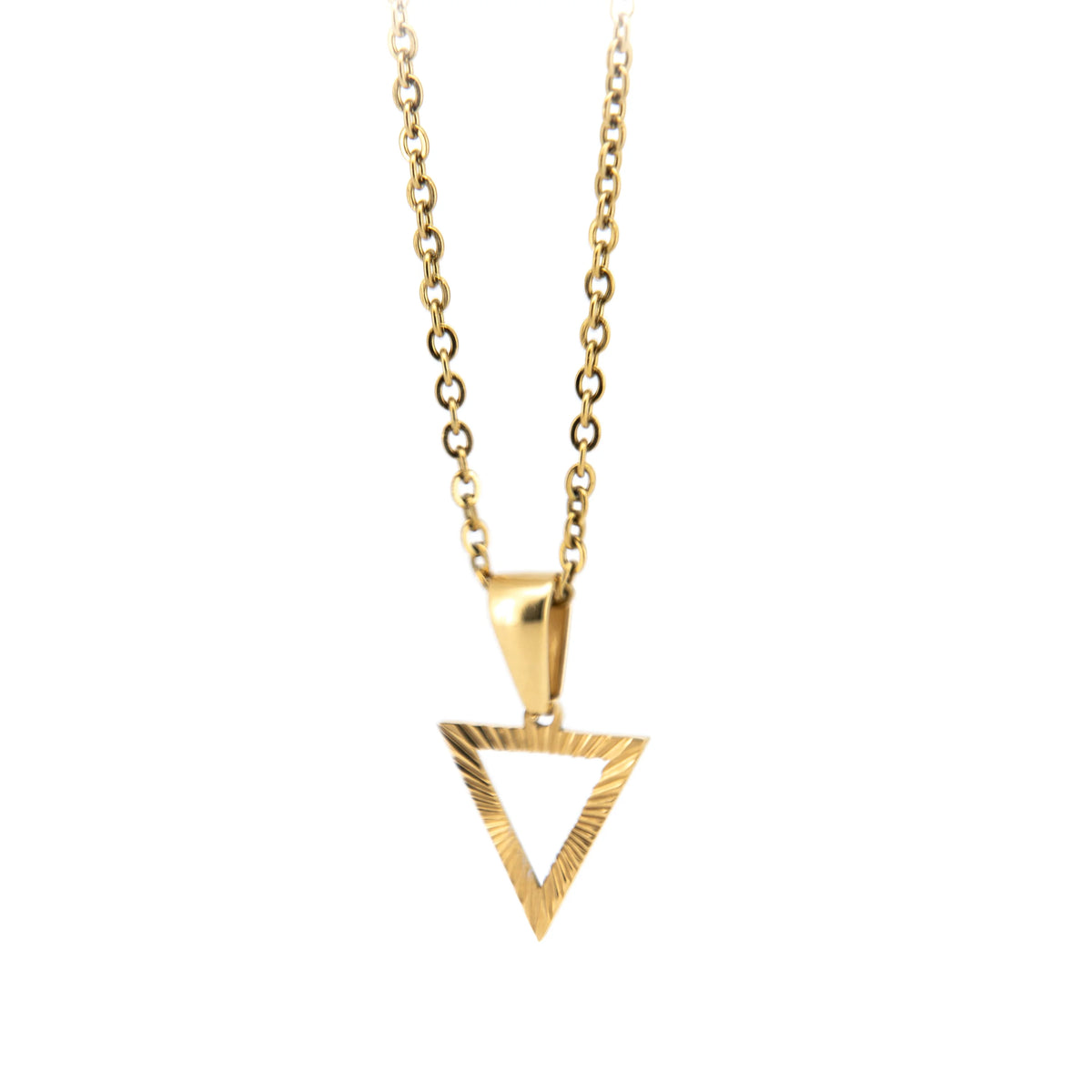 Gold triangle pendant necklace with textured edges.