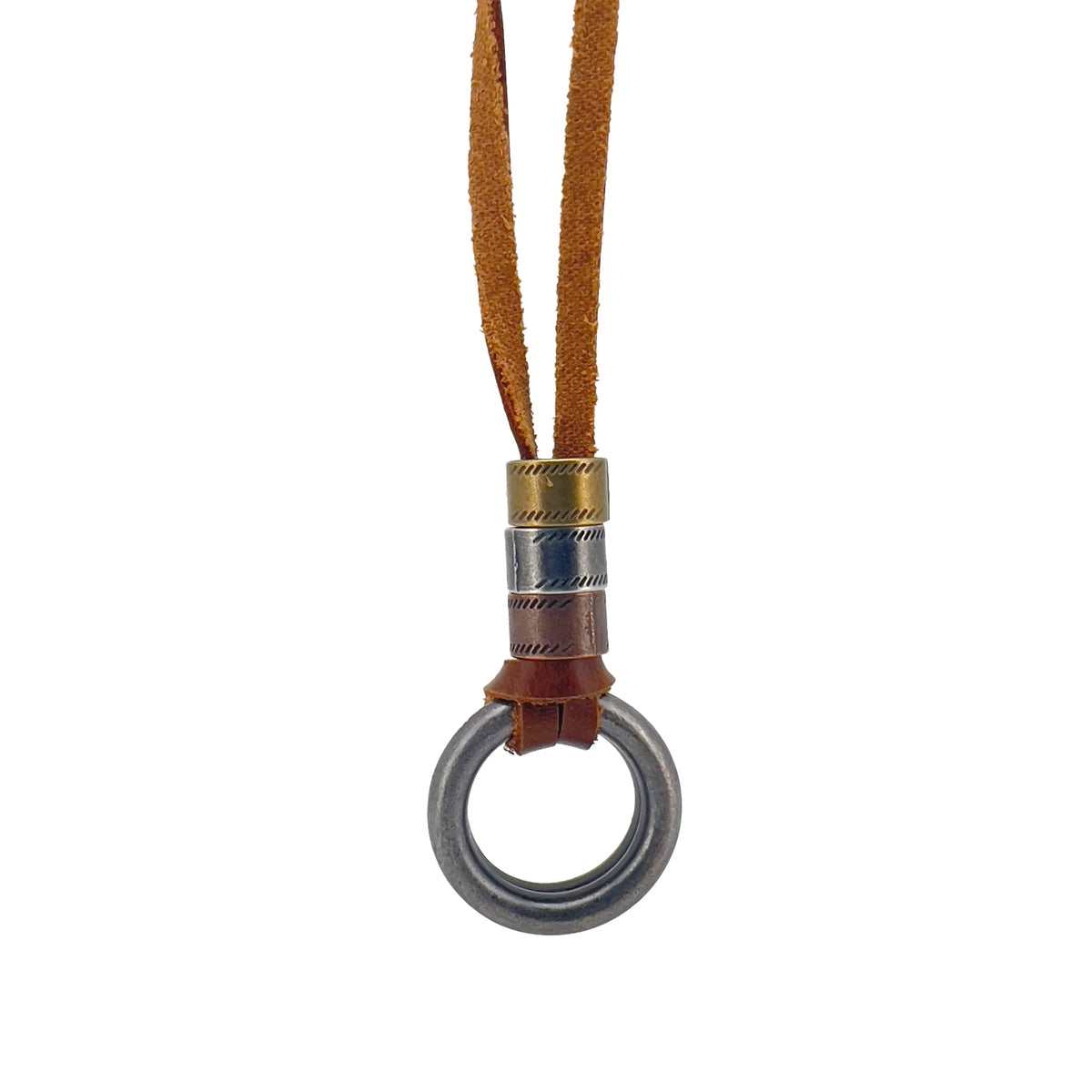 Leather necklace with metallic beads and a circular pendant.